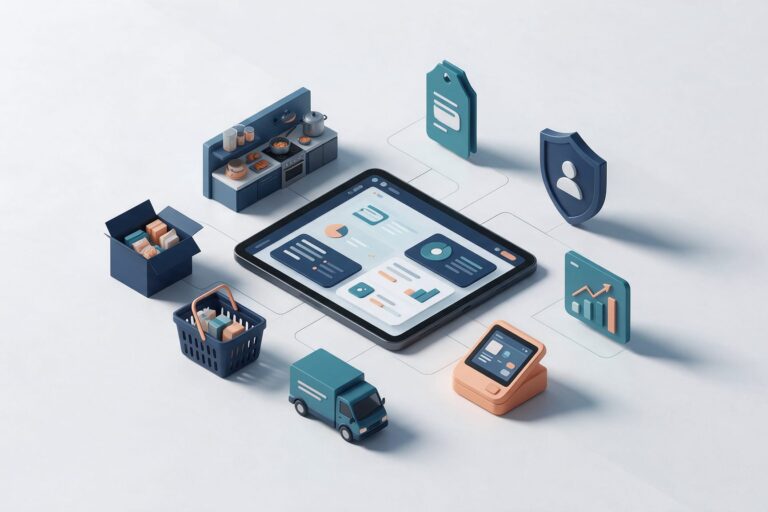 Fitur franchise management software: dapur, stok, pengiriman, POS, laporan, dan keamanan data terhubung ke satu tablet