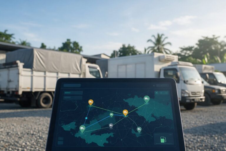 Tablet menampilkan peta lokasi dan rute armada truk dari fleet management system di area pool