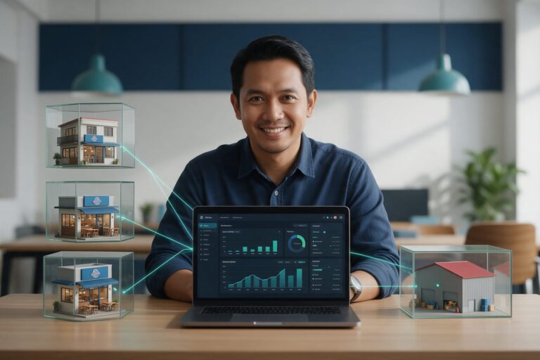 Pemilik franchise memantau data beberapa outlet dan gudang lewat dashboard franchise management system di laptop