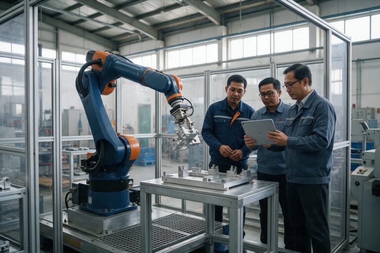 Tim engineer mengevaluasi kerja robot arm di sel robot pabrik lewat tablet