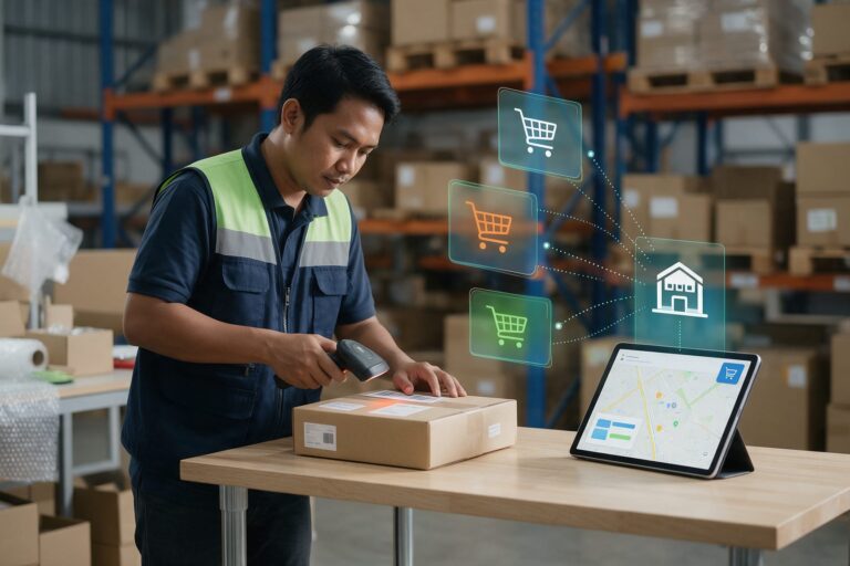 Staf gudang memindai paket pesanan marketplace dengan barcode scanner, terhubung ke warehouse management system